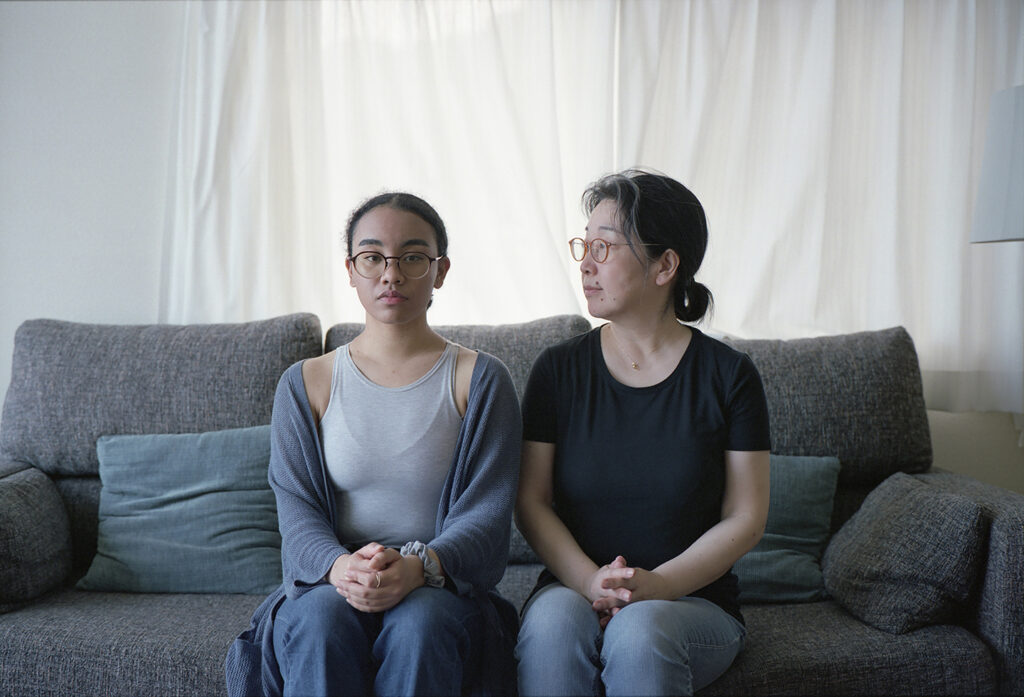 Shina Peng, Aya Venet and her mother Natsu Sato, from the series Ha-fu, 2020, Inkjet print on rice paper, 24”x36”.